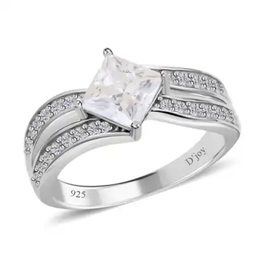 Moissanite Square 6mm Bypass Band Ring Rhodium Over Sterling Silver